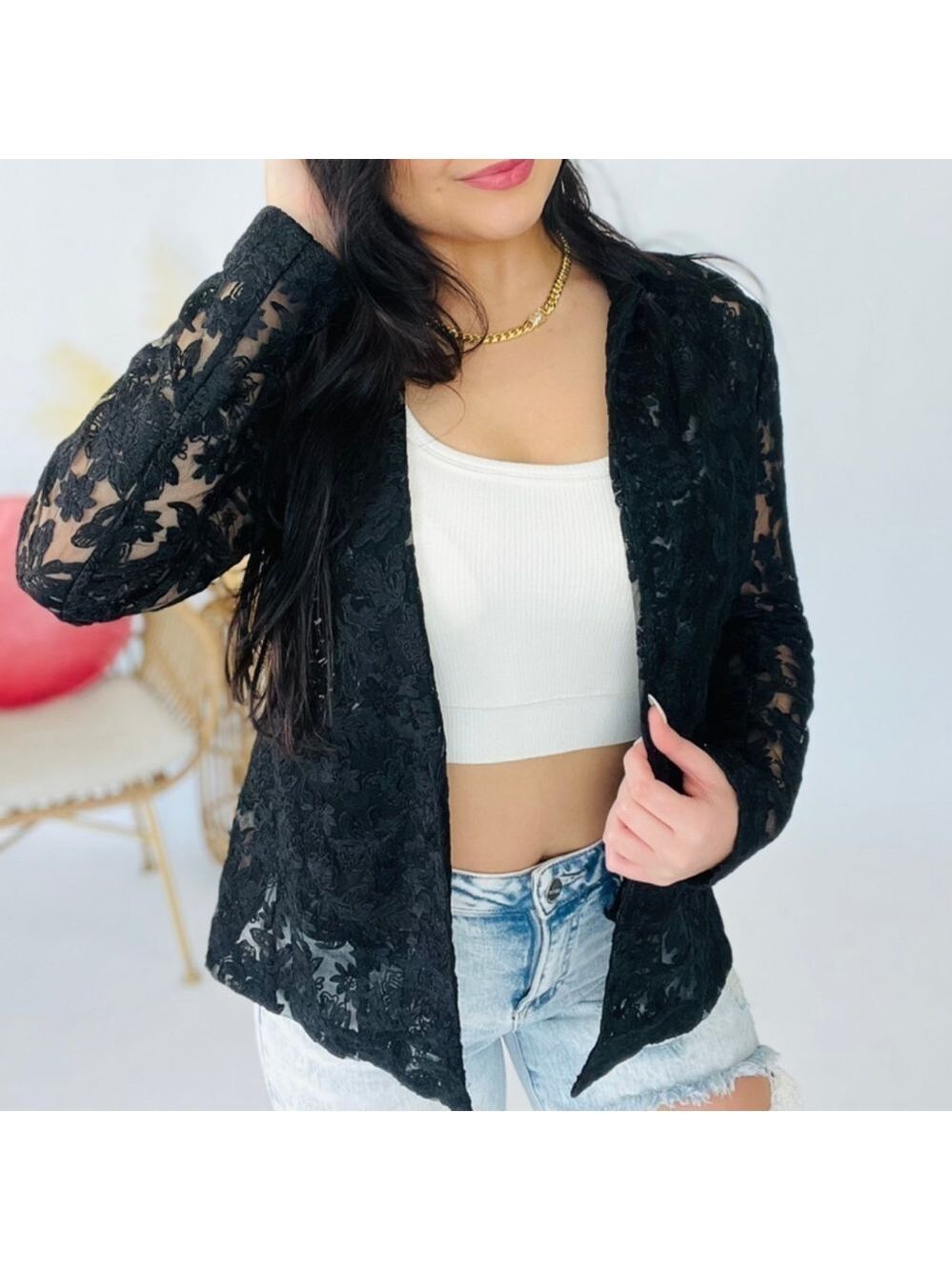 WHITE BIRCH Lace Jacket Woman Medium Black Blazer Sheer Brocade Elegant Formal